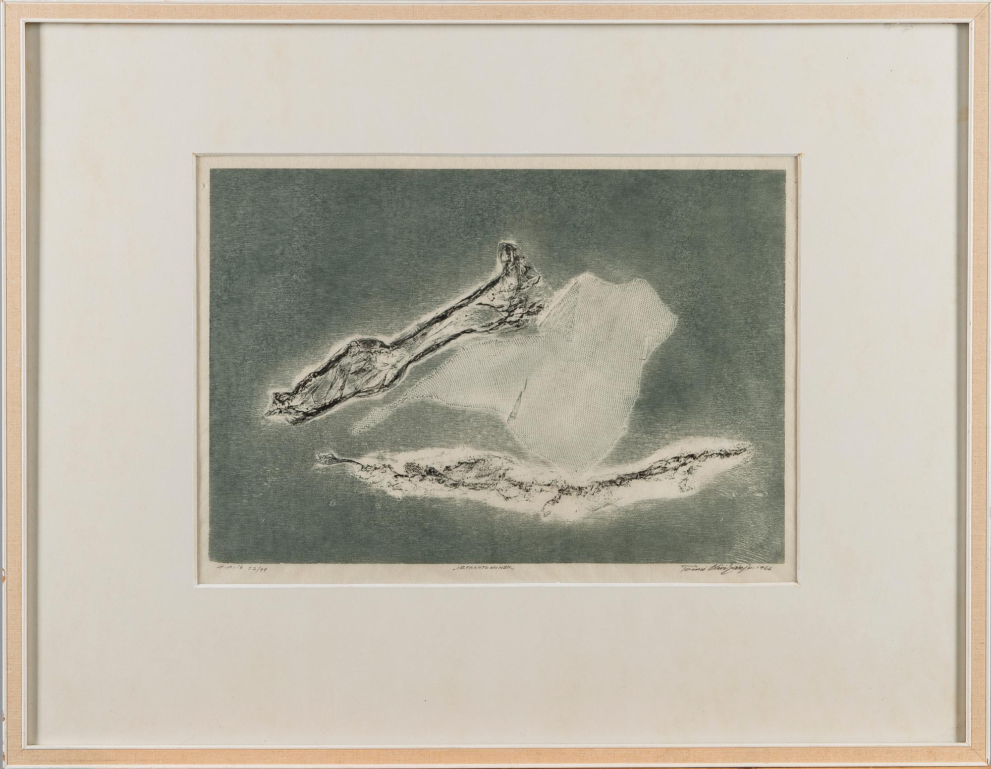 TOIMI KIVIHARJU, puupiirros, signeerattu, numeroitu tpl'a 52/99 ja päivätty 1966.