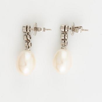 18K white gold, cultured pearl and brilliant cut diamond earrings.