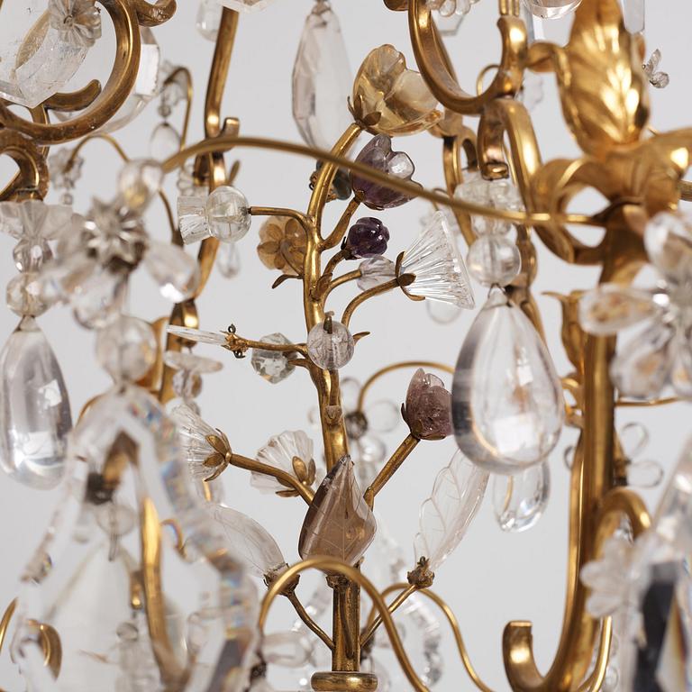 A French Louis XV-style six-branch gilt-bronze, rock crystal and amethyst chandelier, 19th century.