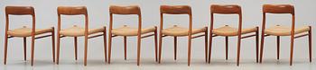 A set of six Niels Ole Møller teak chairs, JL Møller, Højberg, Denmark 1950's-60's.