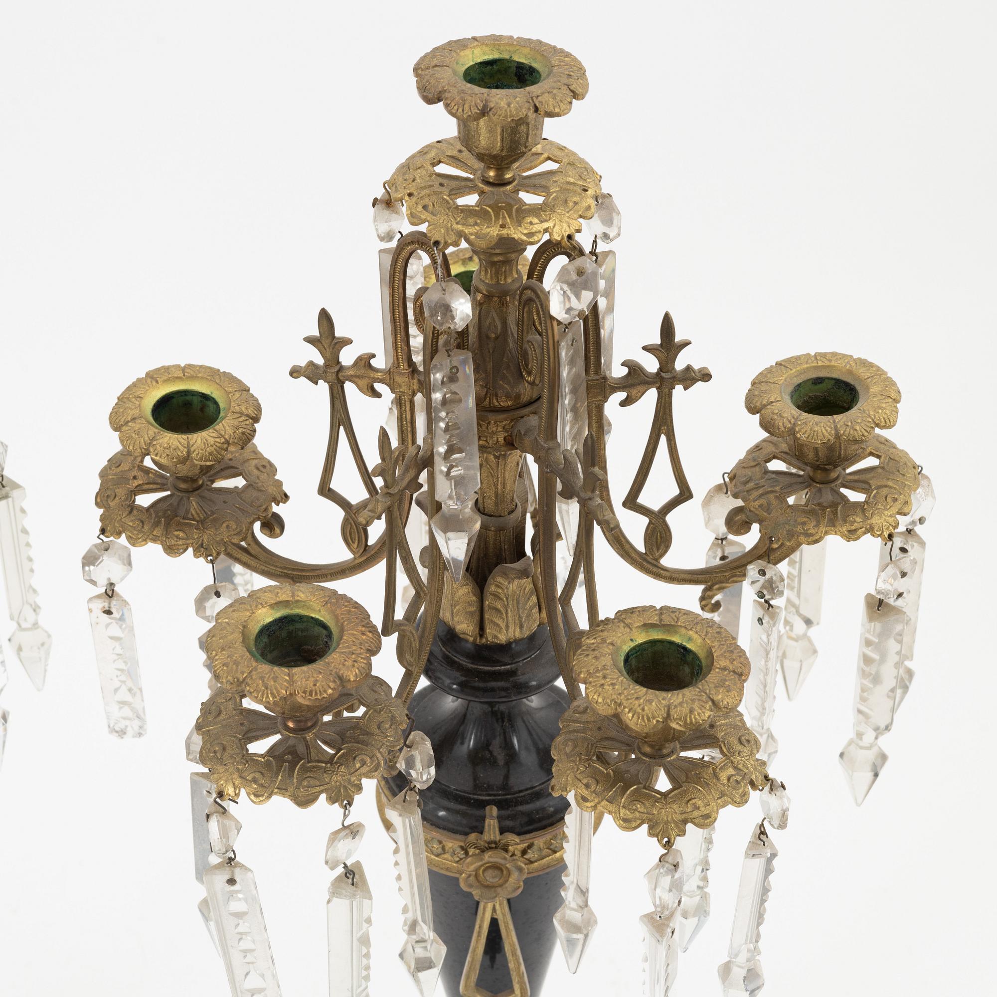 A pair of stone and gilt brass six-light candelabra, circa 1900.