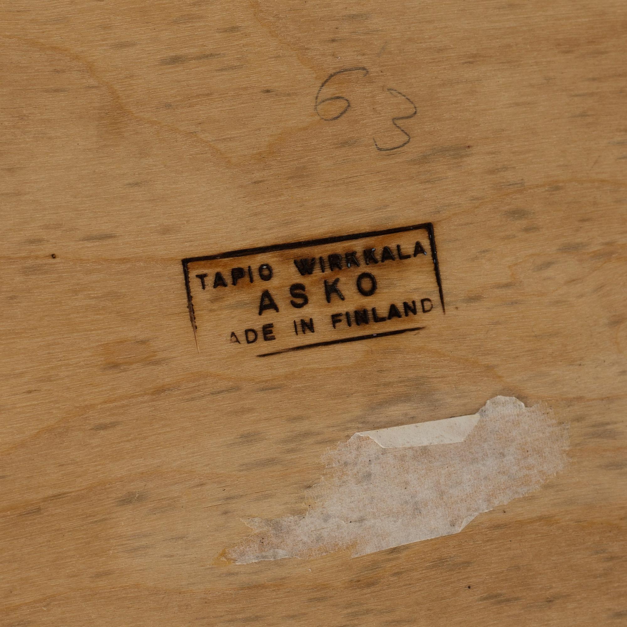 A coffee table marked Tapio Wirkkala, Asko, Made in Finland.