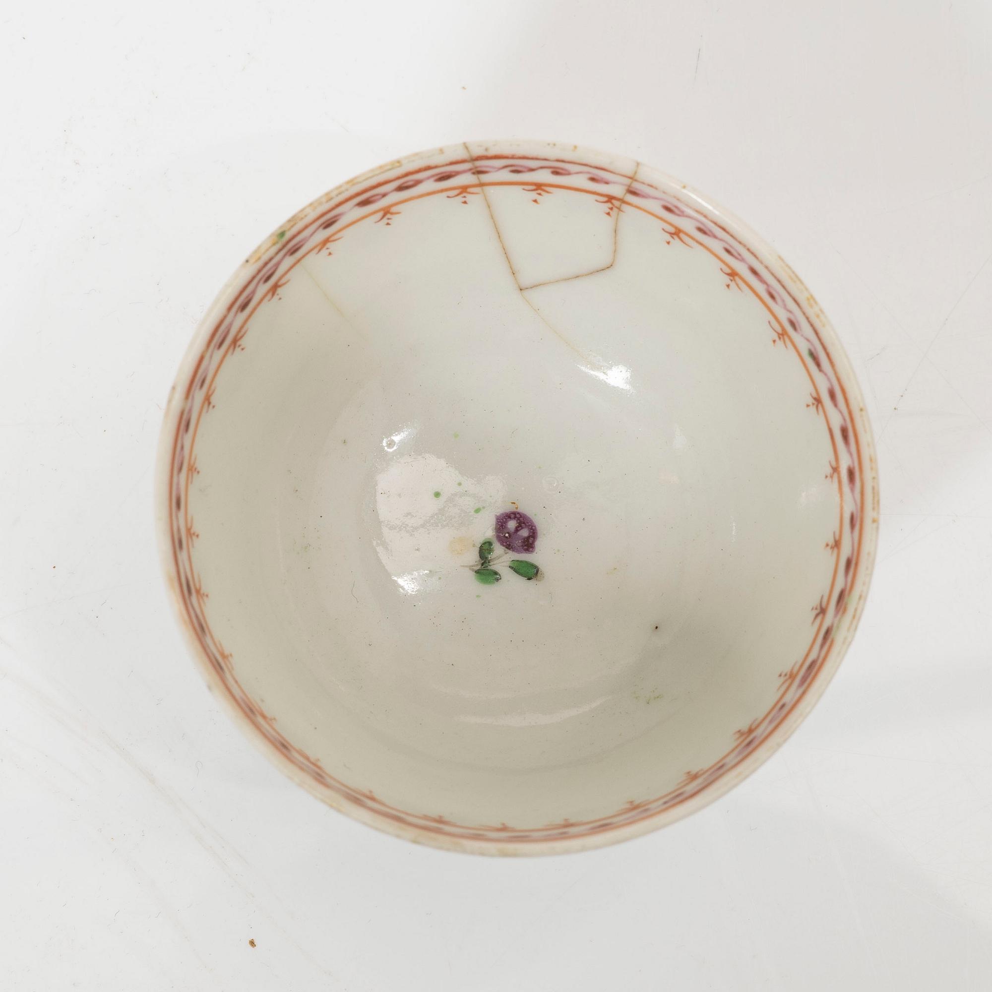 A set of five famille rose tea cups, Qing dynasty, 18th century and a bowl, Qing dynasty, 19th century.