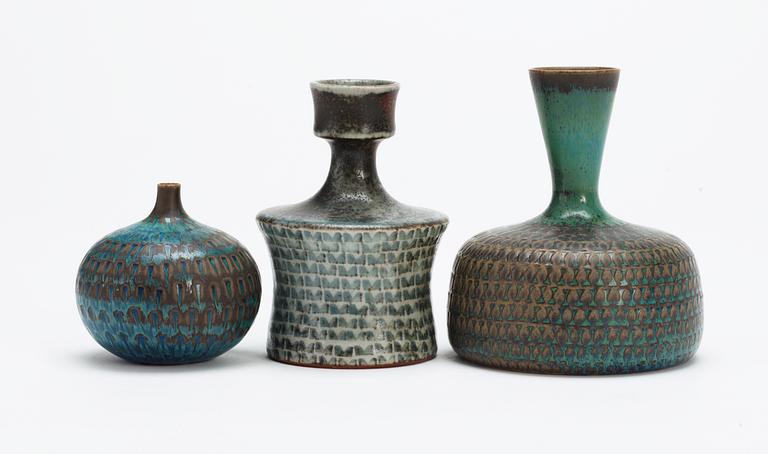 Three Stig Lindberg stoneware vases, Gustavsberg studio 1959-1969.