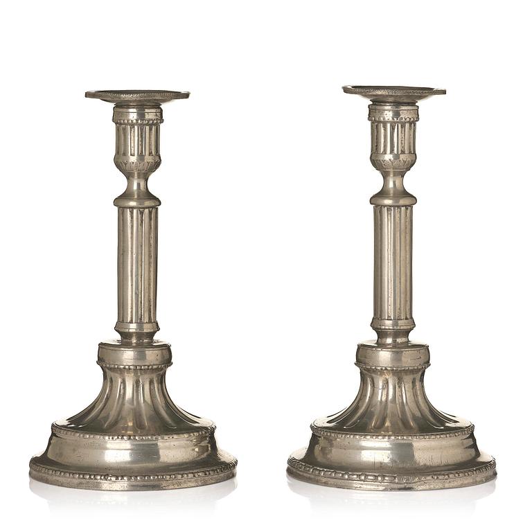 A pair of Gustavian pewter candlesticks by P. Gillman, Stockholm 1786.