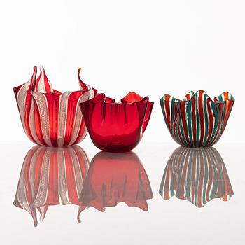 Three glass vases, including two 'Fazzoletto' by Venini, Italy.