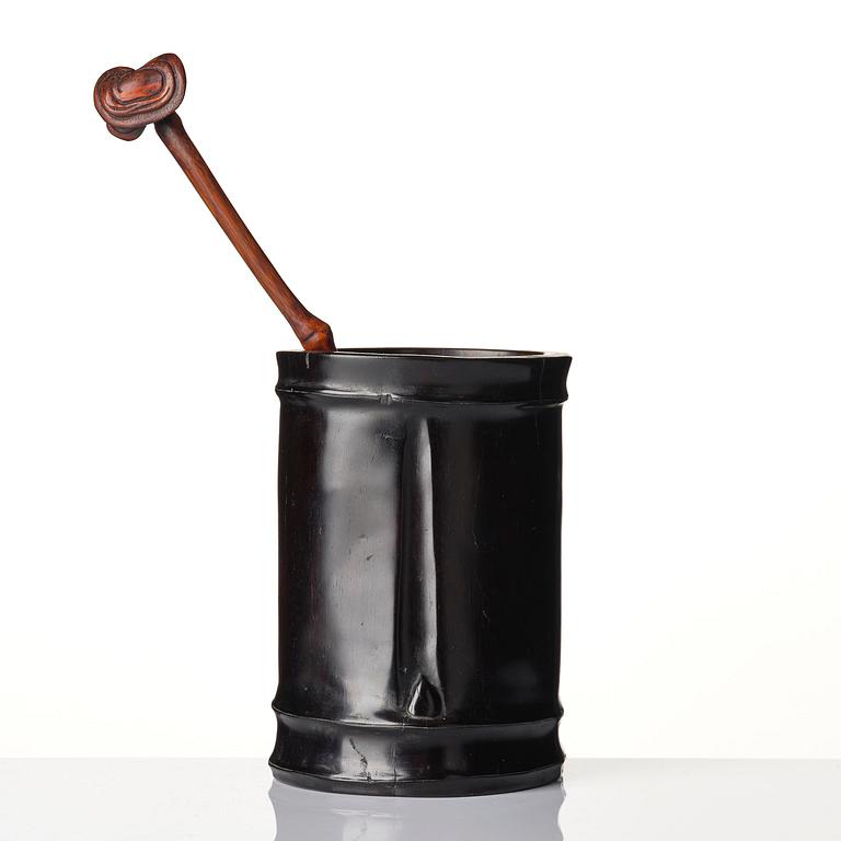 A hardwood bamboo shaped brushpot with a sceptre, China, 20th century.