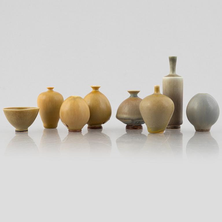 Berndt Friberg, a group of seven miniature stoneware vases and a bowl, Gustavsbergs Studio, 1957-70.