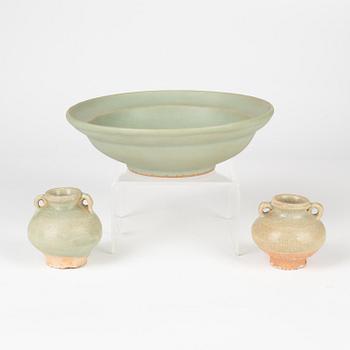 Two celadon glazed jars and a dish, South East Asia, 15th/17th Century.