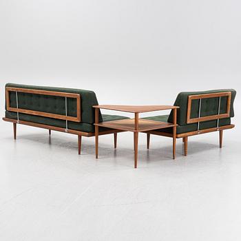 Peter Hvidt & Orla Mølgaard  Nielsen, a three piece 'Minerva' sofa group with table, FRance & Son, Denmark, 1960's.