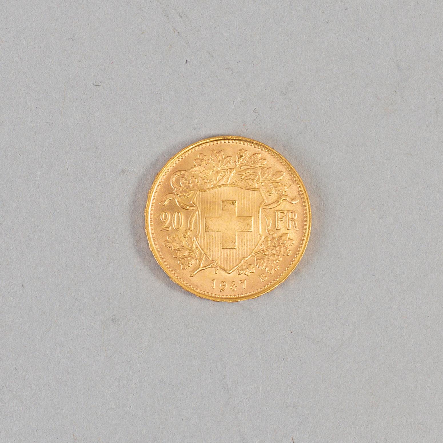 Coin Helvetia 1947 gold, diameter ca 21 mm, weight ca 6,4 gr.