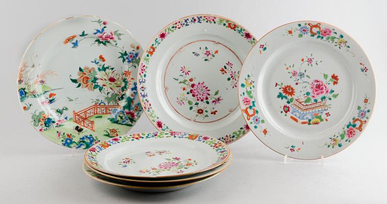 TALLRIKAR, 6 st, porslin, Kina, famille rose, 1700-tal.