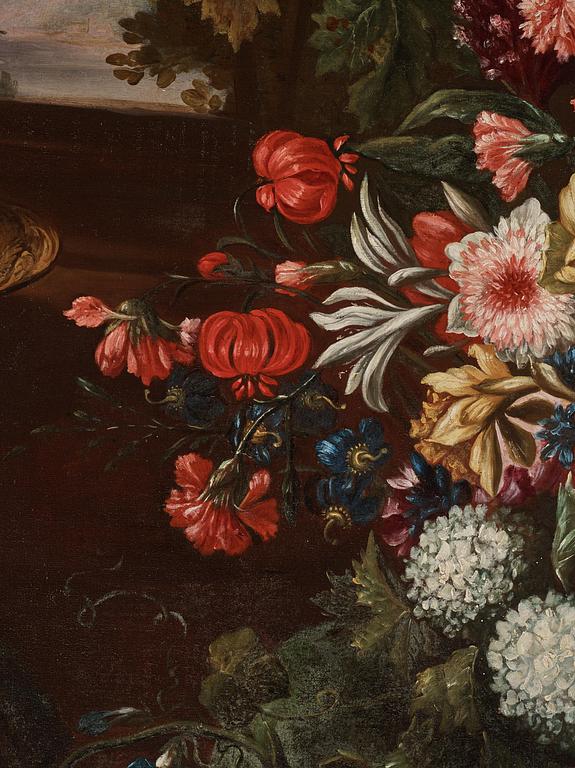 Franz Werner von Tamm & Carlo Maratti, attributed to, Still life with flowers, grapes, and a woman in a landscape.