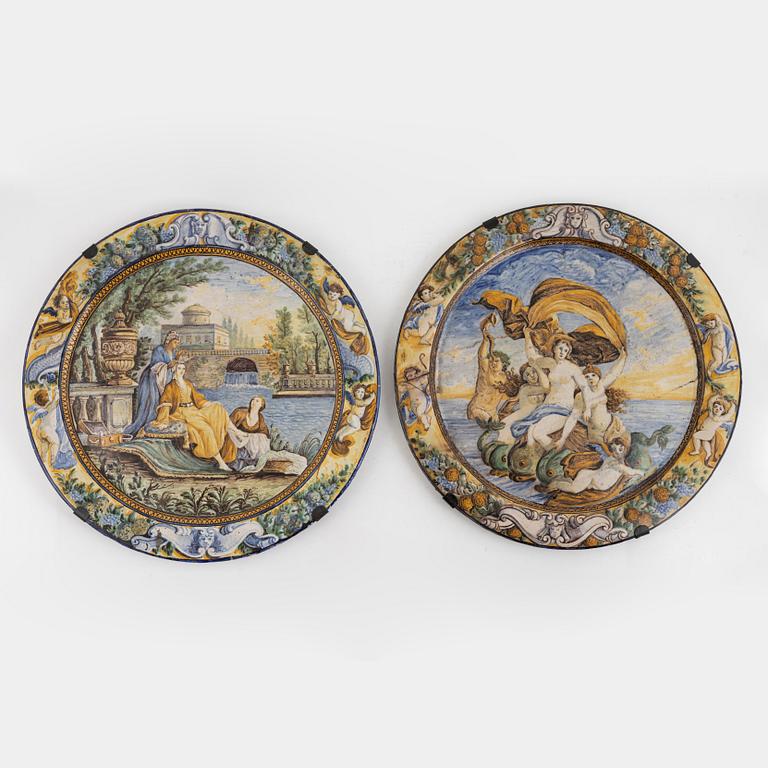 Two majolica chargers in historic style, Italy, late 19th century.