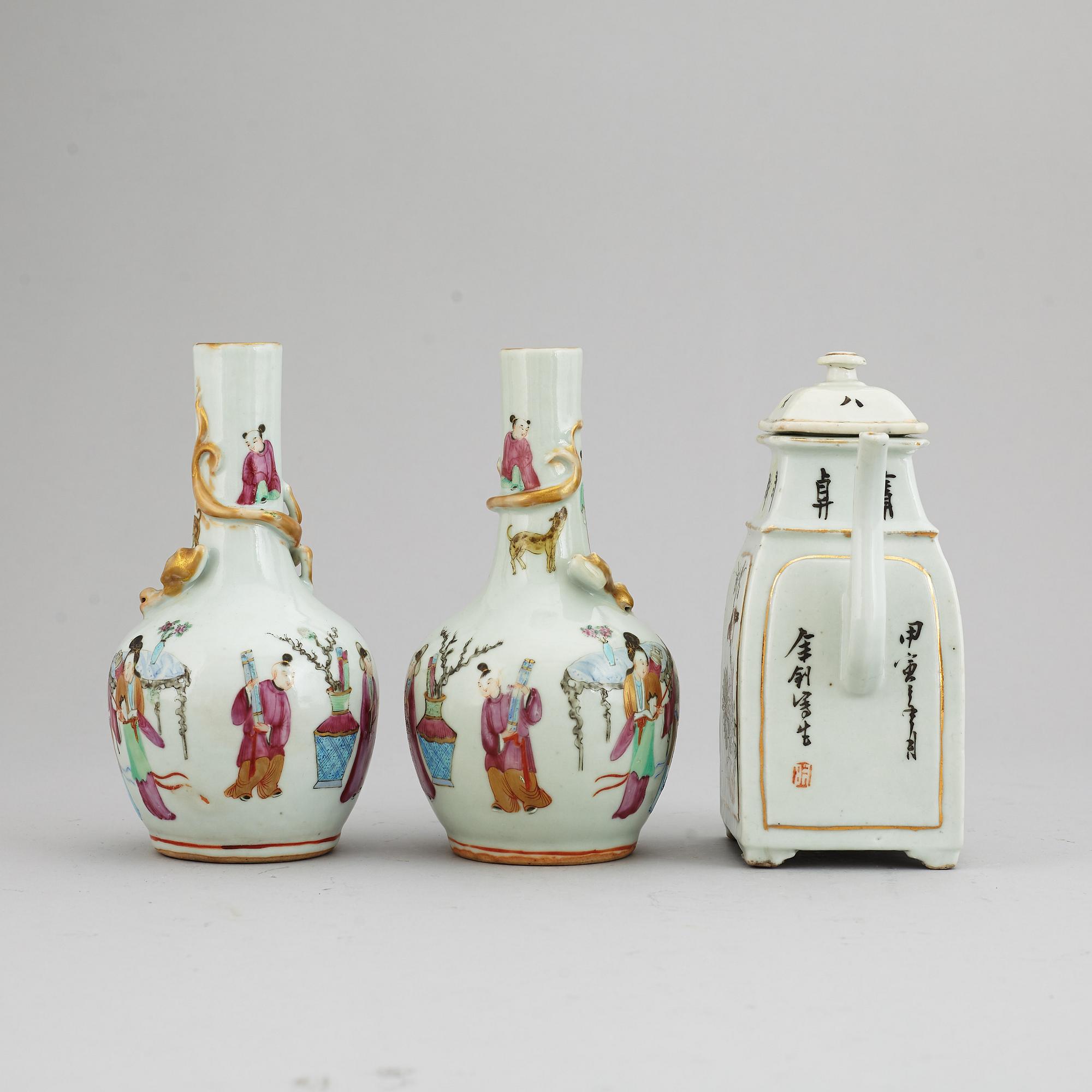 A pair of famille rose vases, and a tea pot, Qing dynasty, 19th Century and circa 1900.