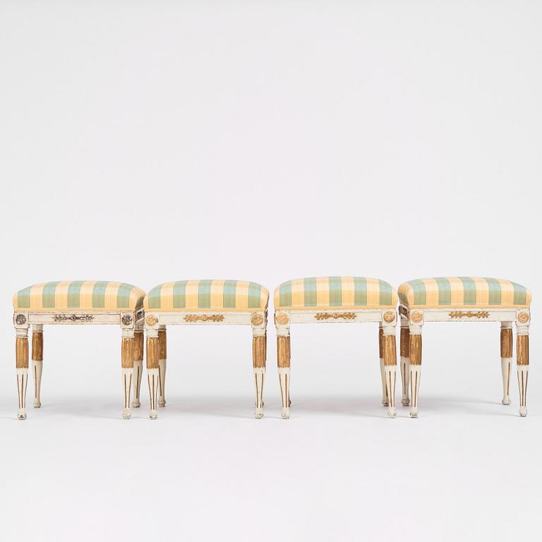 A set of four late Gustavian stools, Stockholm late 18th century.