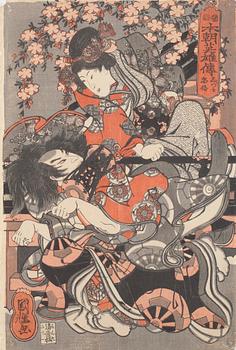 UTAGAWA KUNISADA KOCHORO TOYOKUNI III med fler, träsnitt, 3 st, Japan, 1800-talets andra hälft.