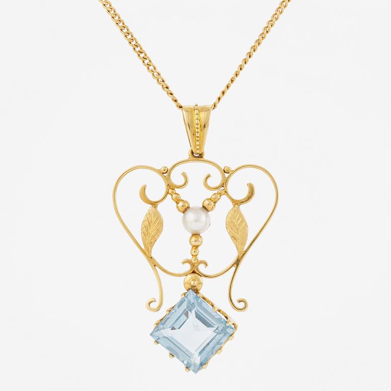 Pendant with chain, 18K gold and synthetic blue spinel, and pearl.