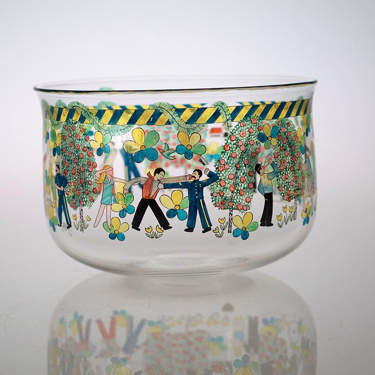 A Gunnar Cyrén enameled glass bowl, Orrefors 1968.