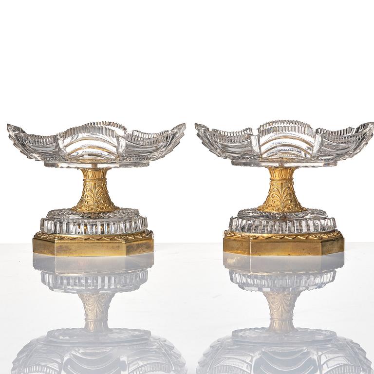 A pair of French Empire early 19th century gilt bronze and glass centre pieces.