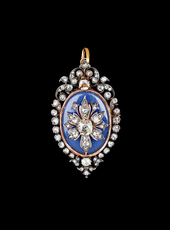 HÄNGSMYCKE/BROSCH, antik- och rosenslipade diamanter, tot. ca 1.40 ct, 1800-tal.