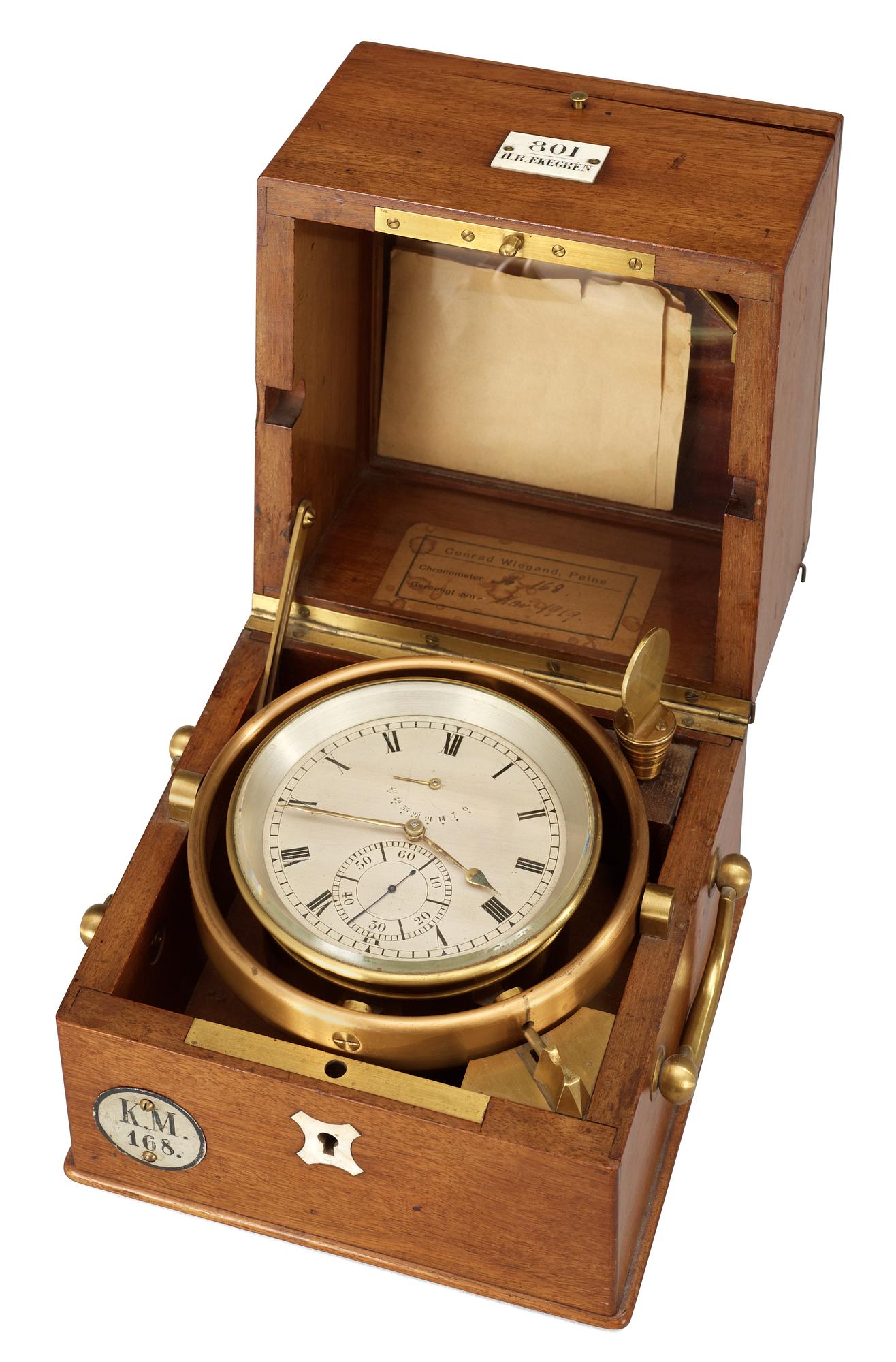 A circa 1900 two-day marine chronometer marked H. R. Ekegren and Conrad Wiegand.