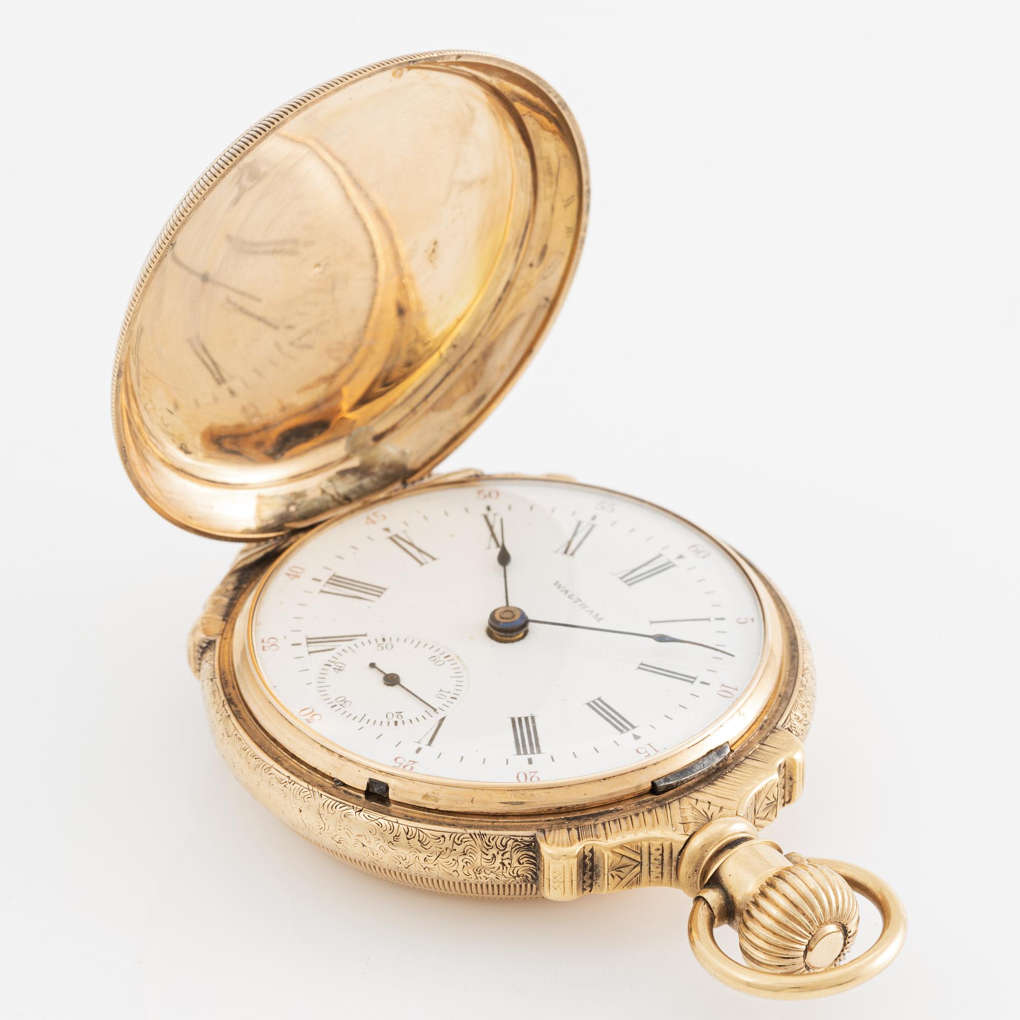 American Waltham Watch Co, fickur, savonett, 14K guld, med kedja, 53,5 mm.