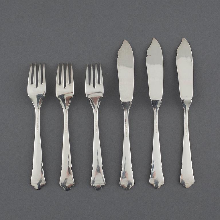 A set of 24 pcs of fish cutlery, "Chippendale" by G.A.B, Stockholm, mainly the third quarter of the 20th century.
