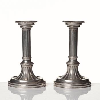 A pair of Gustavian pewter candlesticks by R Ryman 1784.
