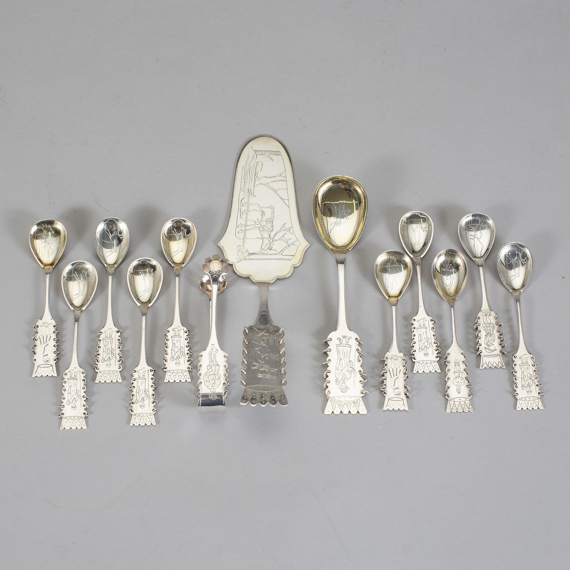 PARTI LAPPSILVER, 12 delar, C O Persson, Haparanda. Total vikt ca 215 g.