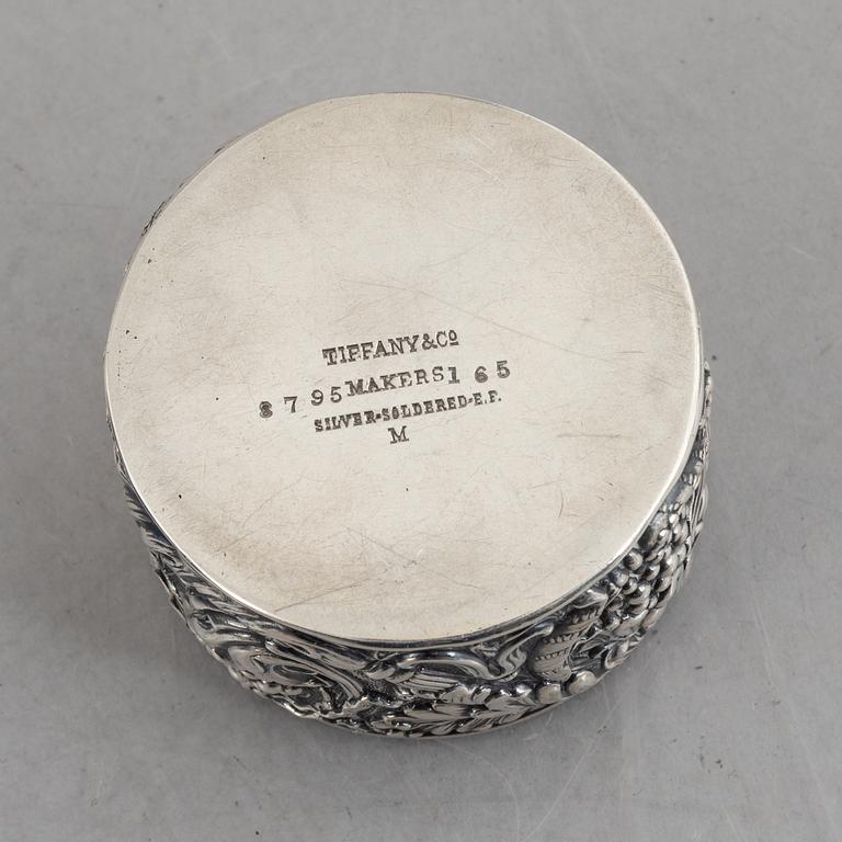 Tiffany & Co, a silver plated box with pin cushion lid.
