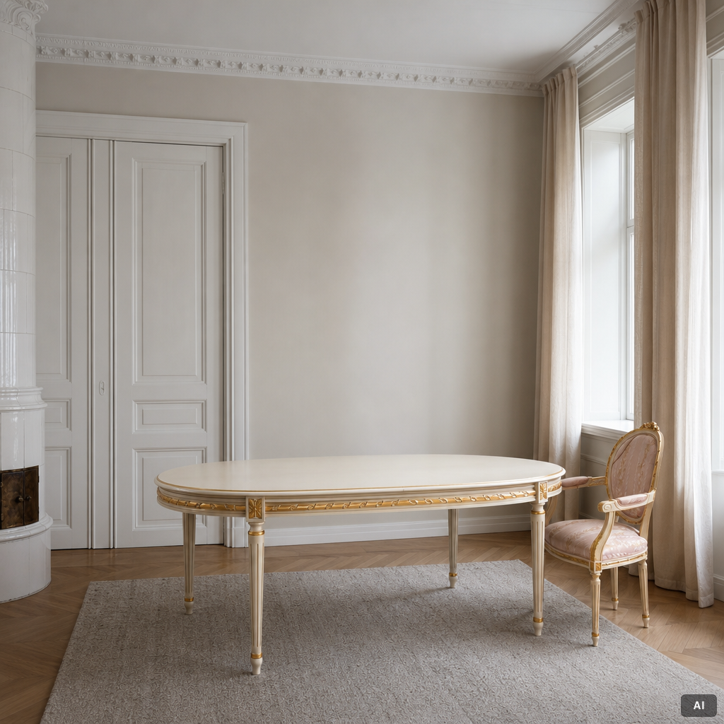 Dining table and armchair, Louis XVI style. Italy, second half of the 20th century.