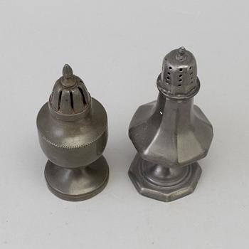 TWO 18TH CENTURY PEWTER SHAKERS.