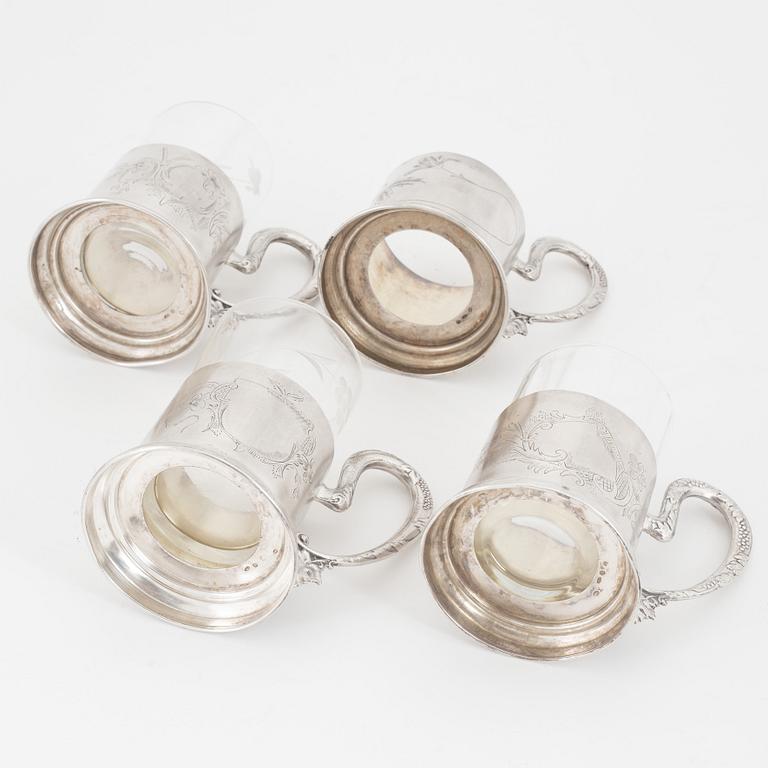 Four Russian silver tea glass holders, Moscow, mid 20-th century.