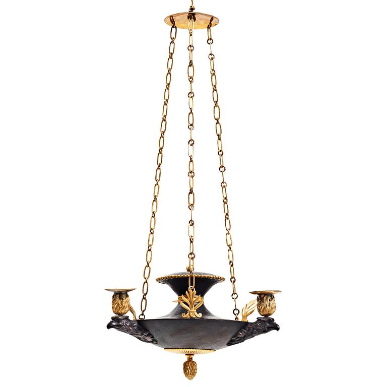 A Swedish Empire three-light hanging-lamp, beginning of the 19th century.