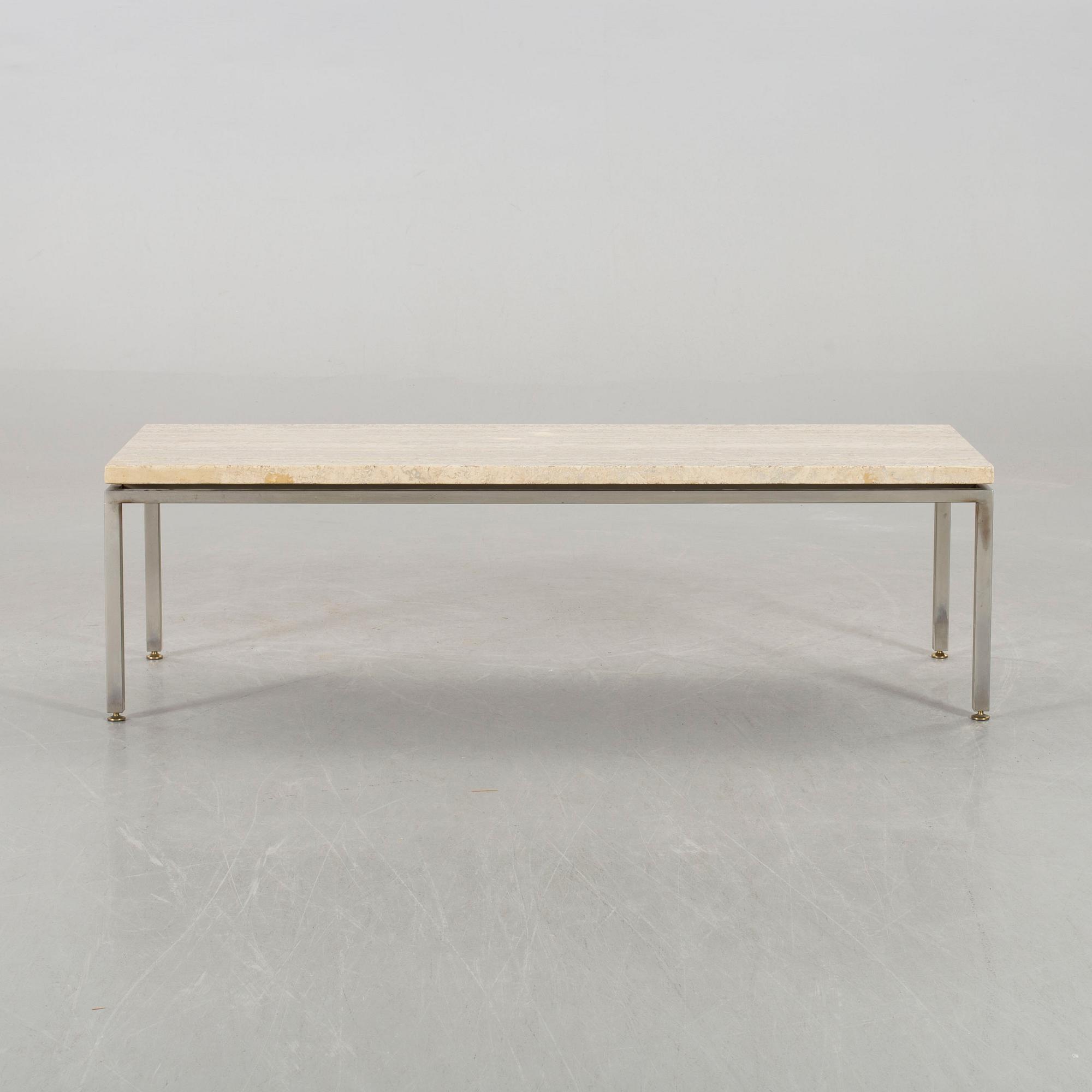 A TRAVERTINE TOP SOFA TABLE.