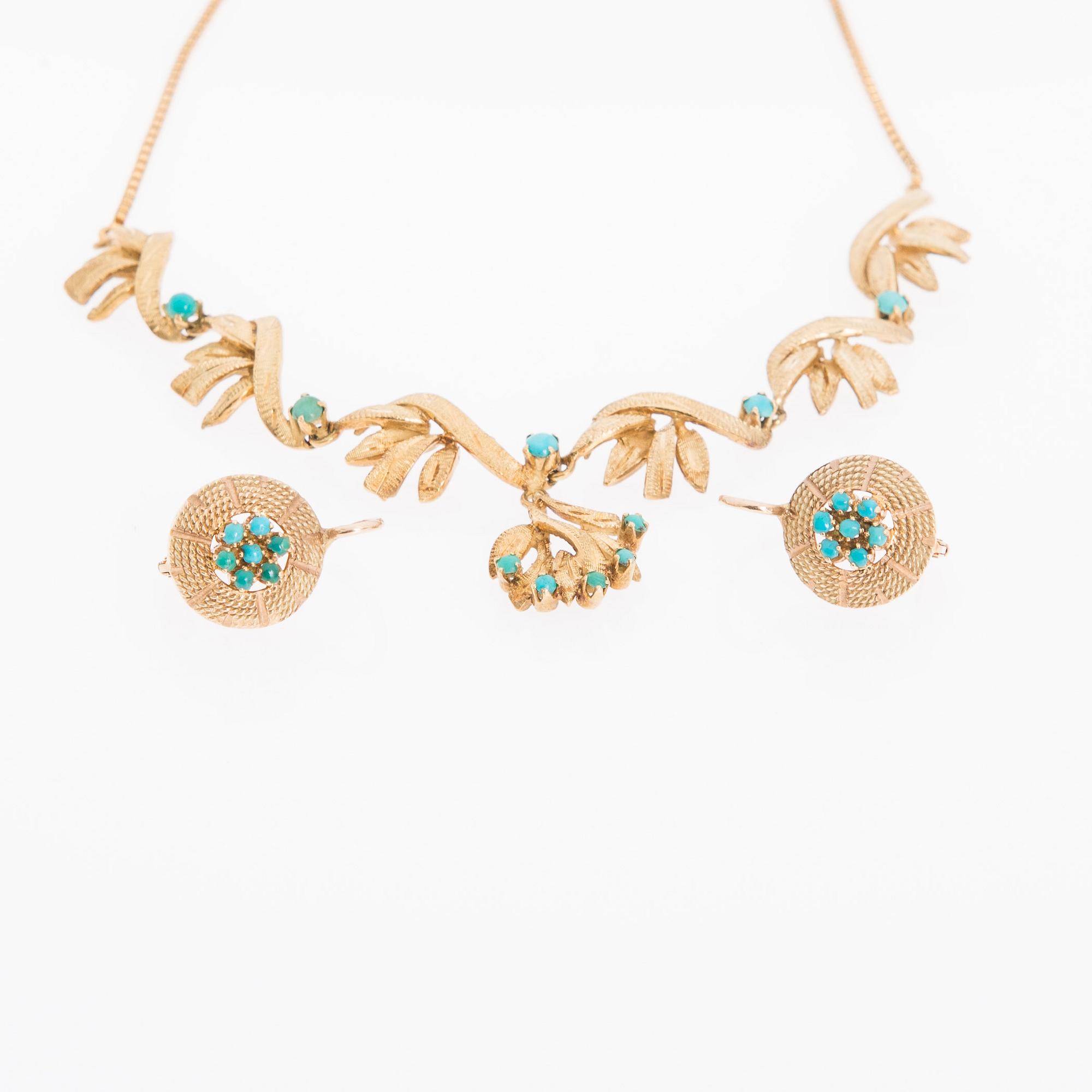 COLLIER och ÖRHÄNGEN, 14K guld, cabochonslipade turkoser. Hugo Grün, Helsingfors 1966.