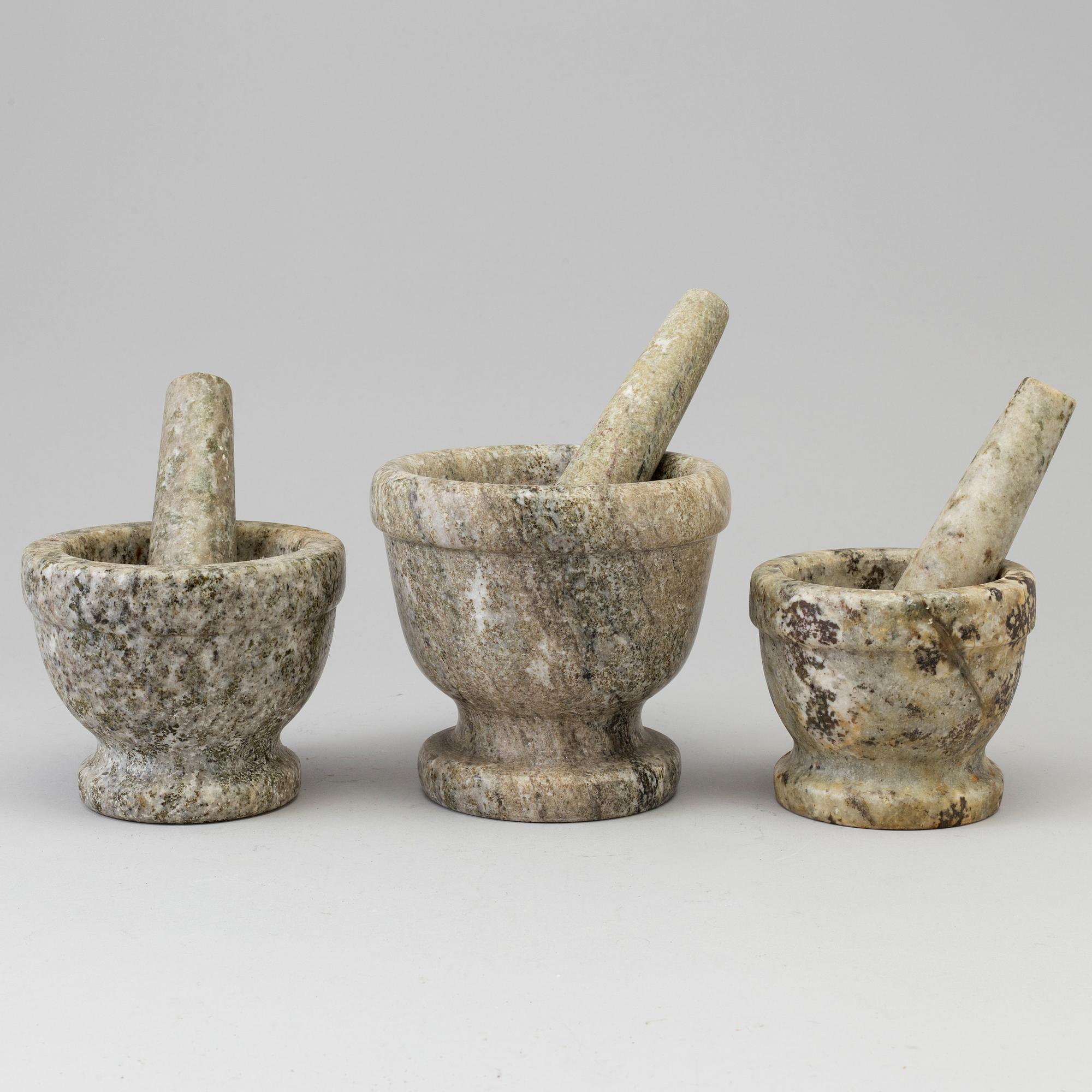THREE SWEDISH GREEN MARBLE MORTARS AND PESTLES.