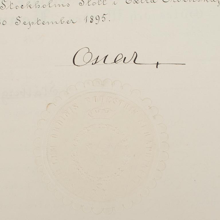 OSCAR II AV SVERIGE OCH NORGE, 2 dokument med autografer, daterade Stockholms slott 10 dec 1892 resp 30 sept 1895.