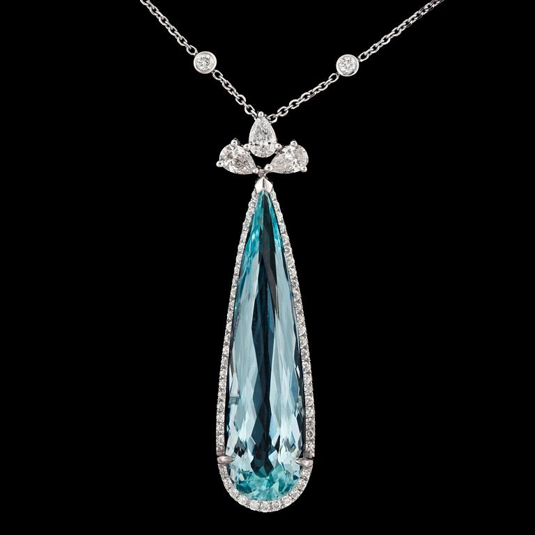 An aquamarine and diamond necklace. Diamonds total carat weight 1.59 cts. Aquamarine 12.55 cts.