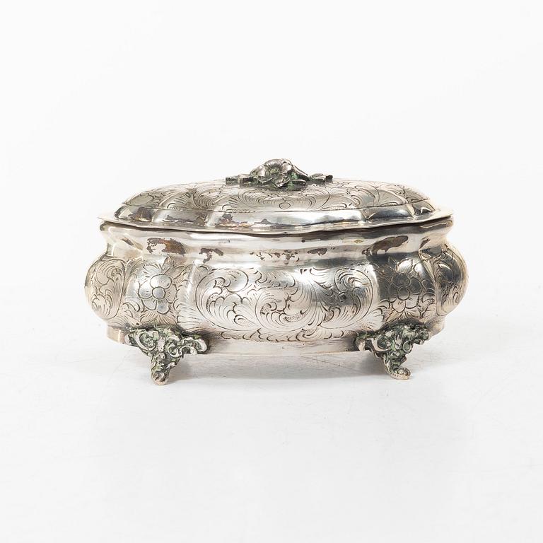 Sugar box, silver, Rococo style, Swedish import mark.