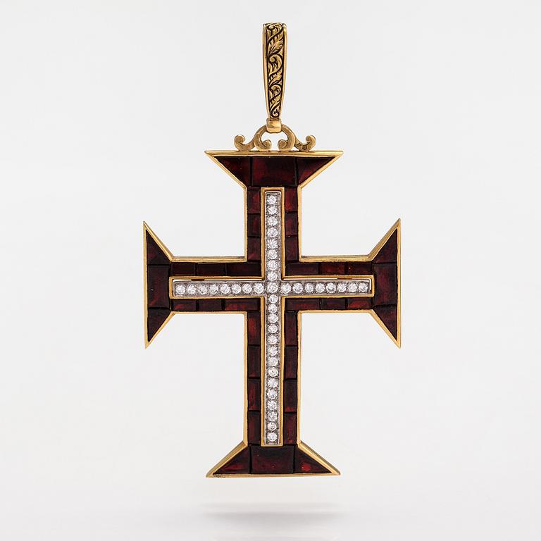 Risti, Order of Christ Portugal, 18K kultaa, timantteja n. 1.00 ct yht ja granaatteja.