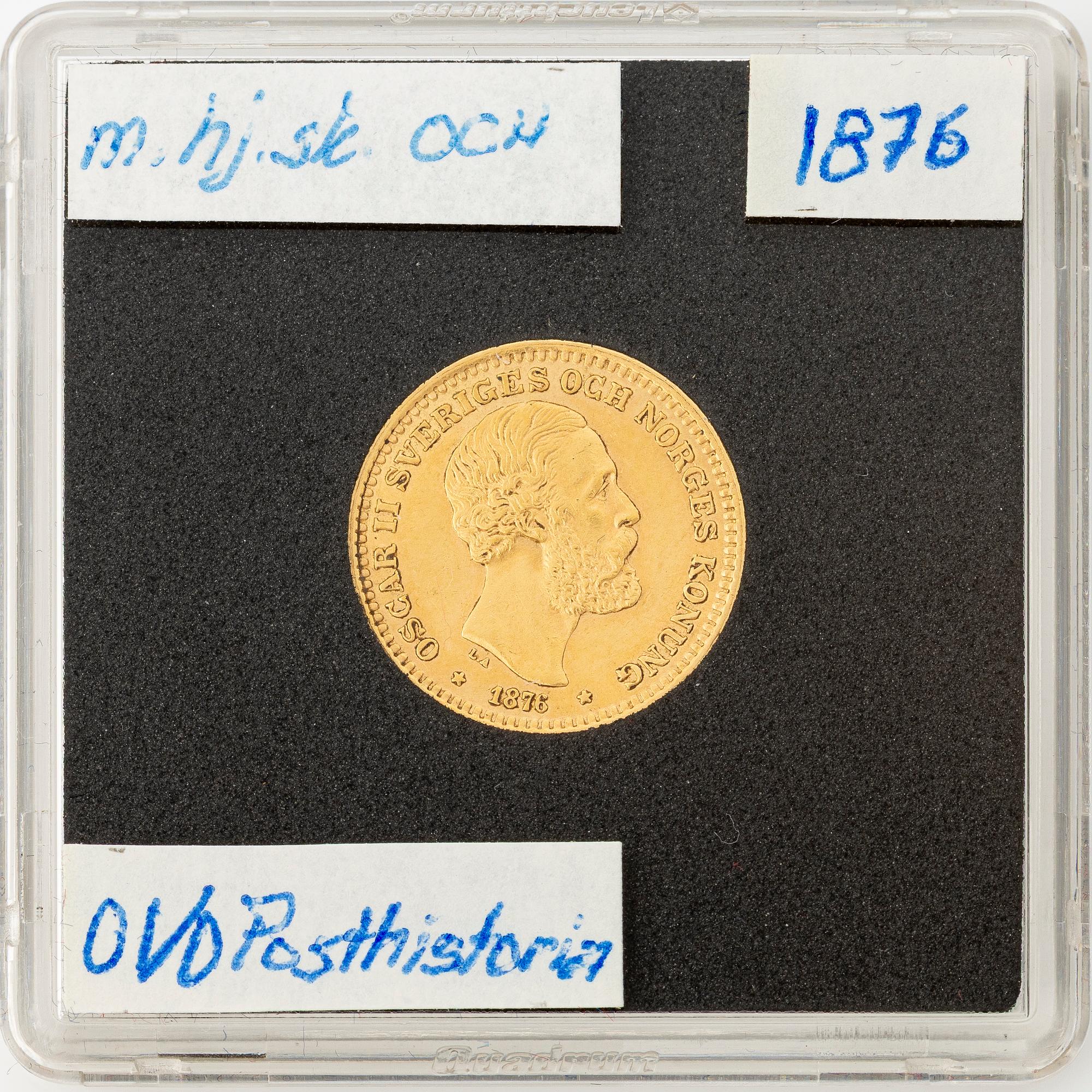 Gold coin, Oscar II, 10 kronor, type II, Sweden 1876.