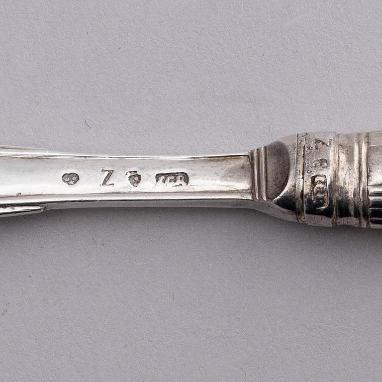 Swedish 18th century silver cutleries, 16 pieces, marks of Carl Gideon Renander, Stockholm 1782 and 1787.