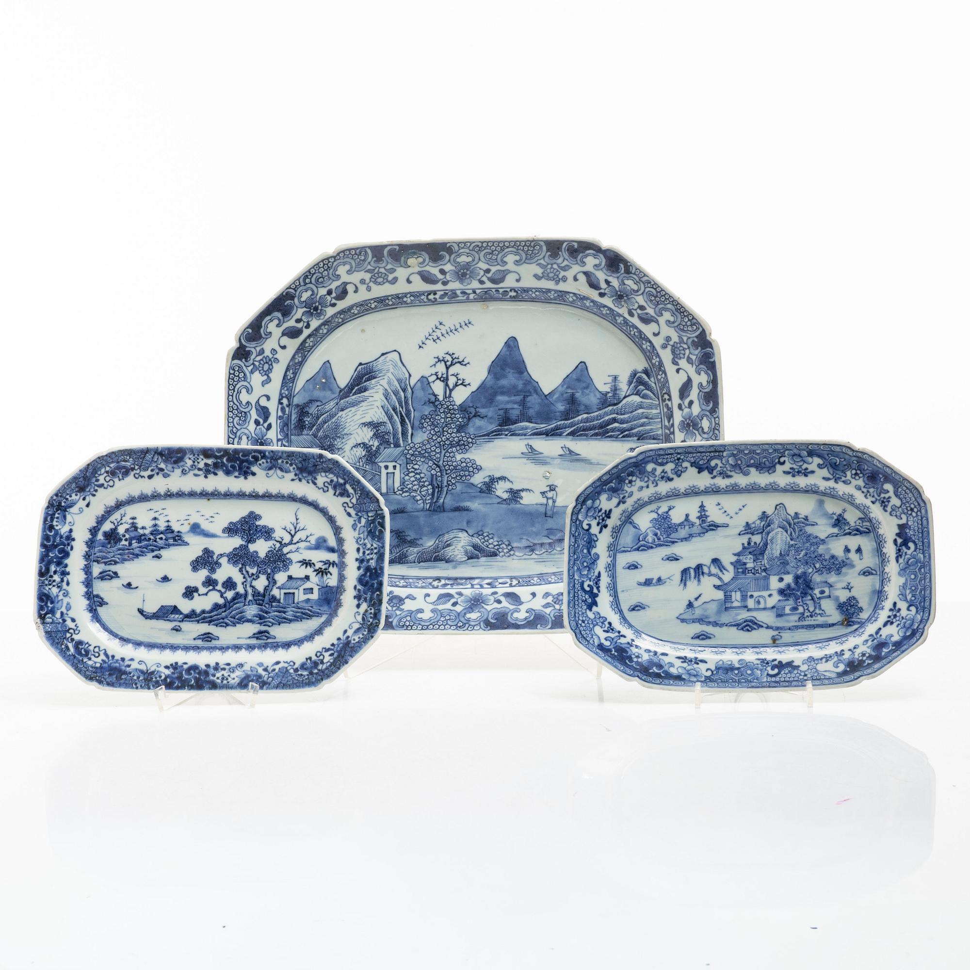 Three blue and white porcelain serving dishes, China, Qianlong (1736-95).