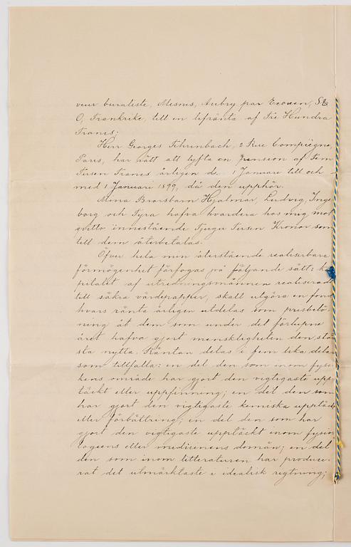 Konvolutet till Alfred Nobels testamente 1895, egenhändigt rubricerat: Testamente /My Will och signerat samt lacksigill.