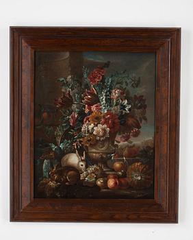 Nicola Malinconico Circle of, Still life with flowers, fruits and rabbits.
