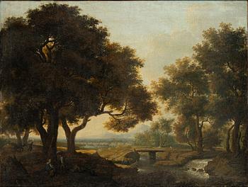 Okänd konstnär, tidigt 1800-tal, Pastoralt landskap med figurer vid bäck.