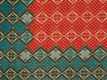 A textile cover, weft-patterned tabby type, South west Scania, c. 160 x 102 cm. Circa 1900,