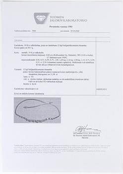 Kaulakoru, 14K valkokultaa, briljanttihiott timantteja yht. noin 11.94 ct. Todistuksella.